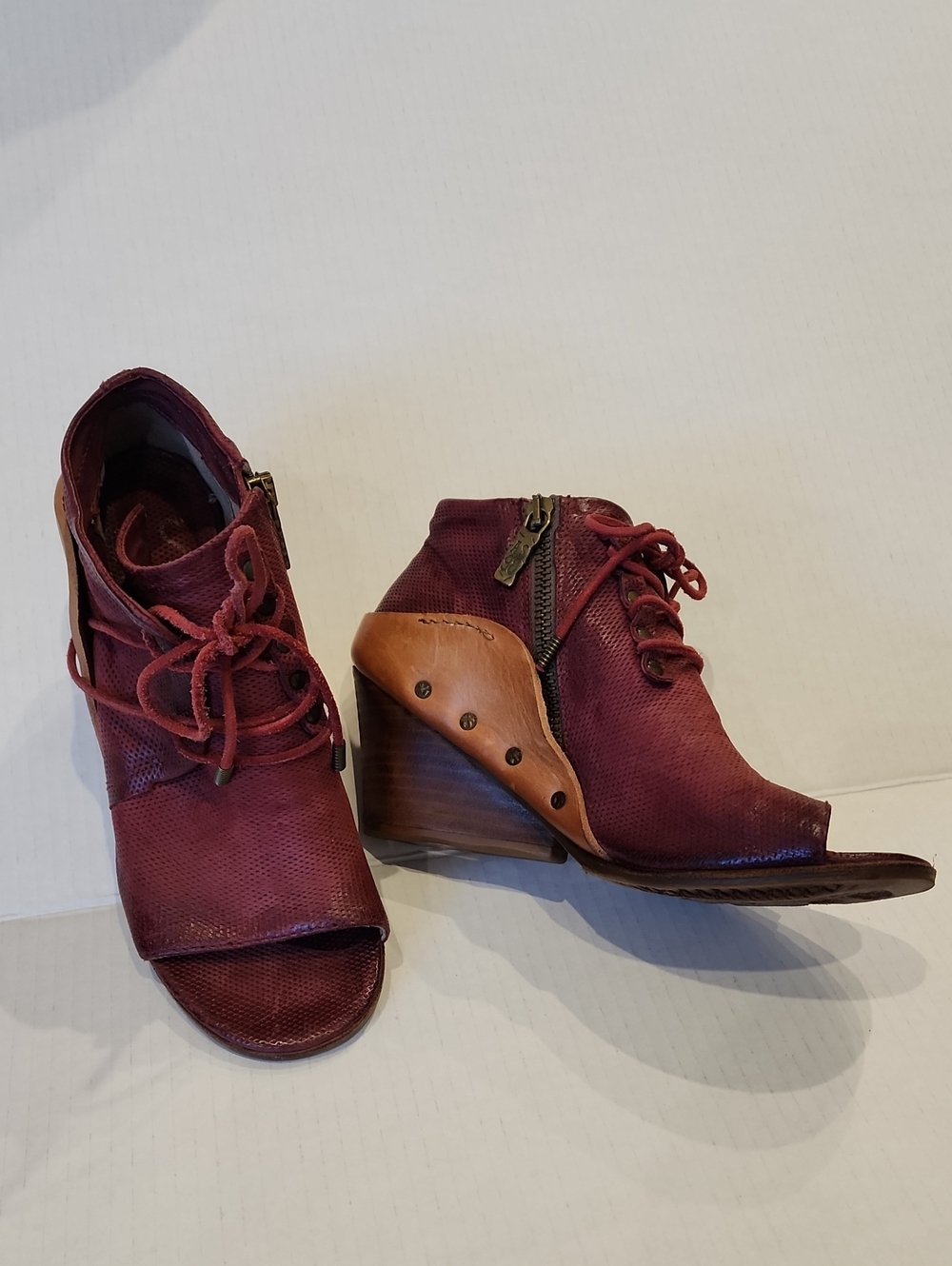 A.S.98 Leather Lace-Up Peep Toe Wedge Boots  36